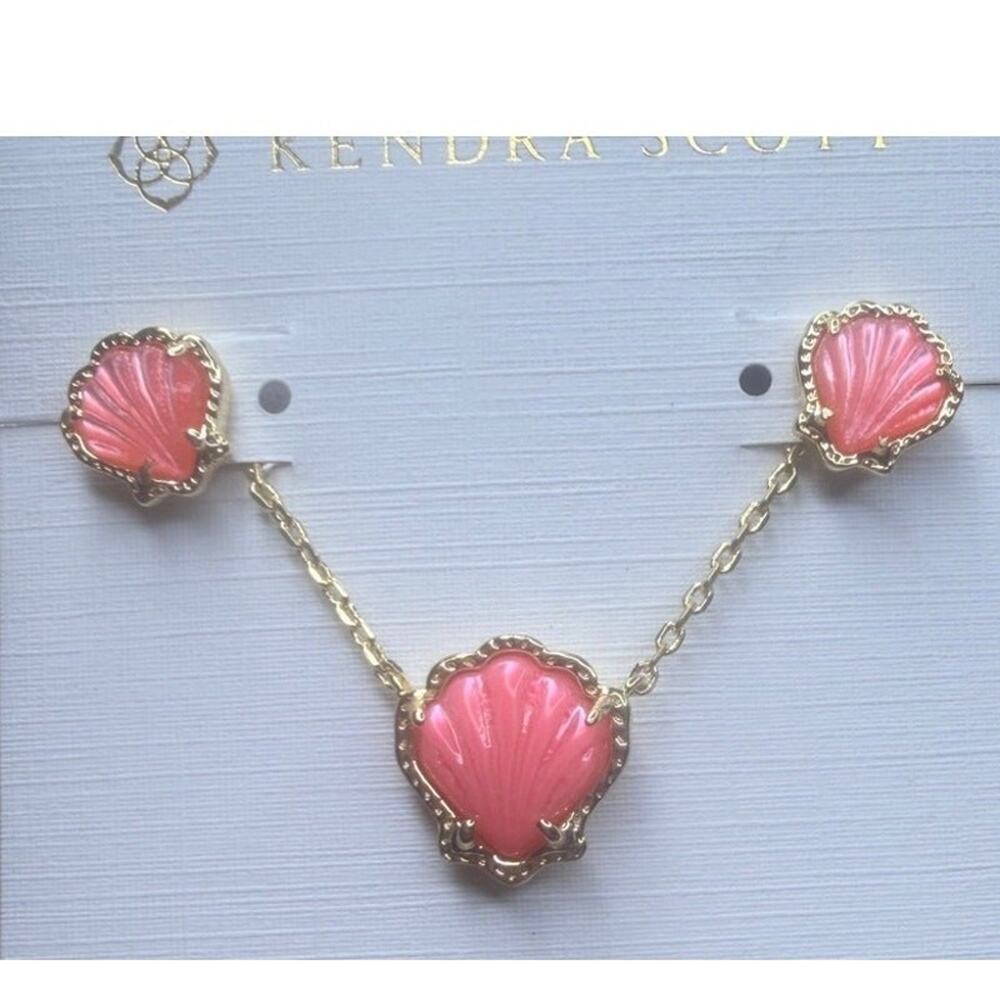 Kendra Scott Seashell Jewelry Set Gold Pink Shell Necklace Earrings New W/ Card